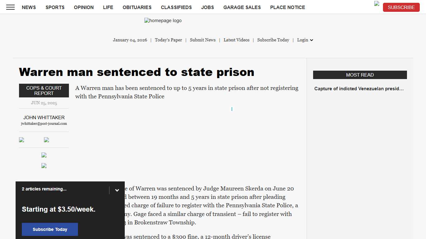 Warren man sentenced to state prison | News, Sports, Jobs - Times Observer